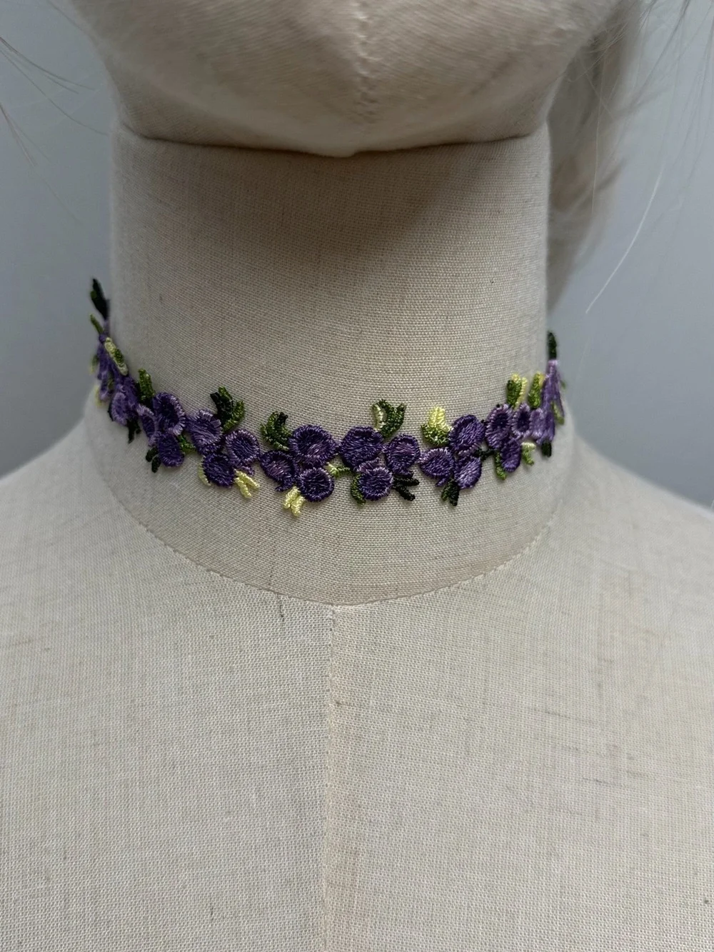 Purple Floral Lace Choker Necklace Embroidered Flowers Cottagecore Coquette